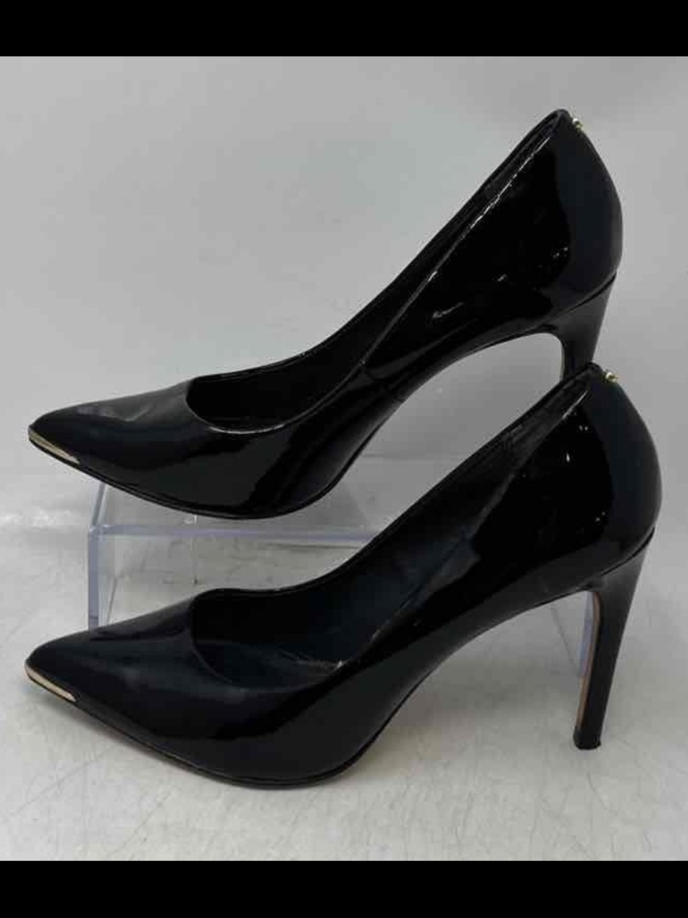 Ted Baker London Black Patent Pointed Toe Pumps with Gold Trim